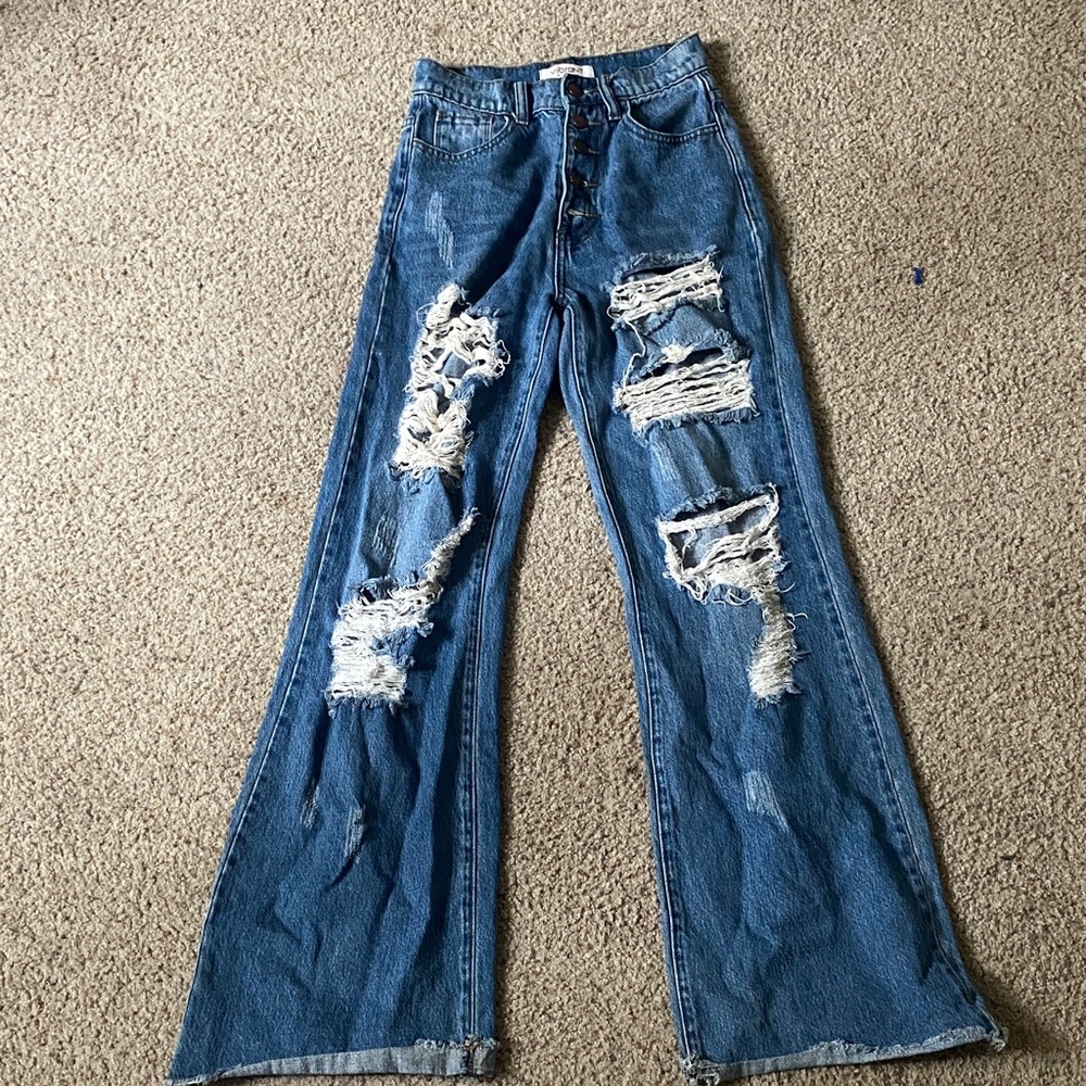 Vibrant Distressed Flare Jeans in Blue